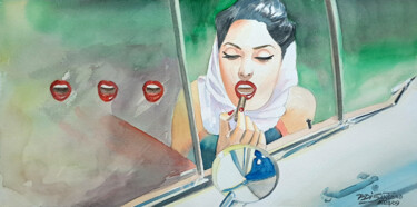 Pintura intitulada "Moça no Carro" por Paulo Di Santoro, Obras de arte originais, Aquarela