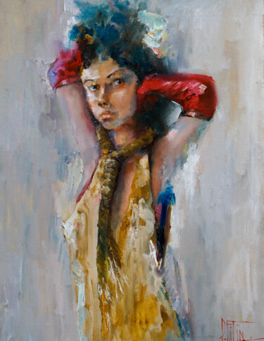 Painting titled "actress in a tie" by Pavel Filin, Original Artwork, Oil Mounted on Wood Stretcher frame