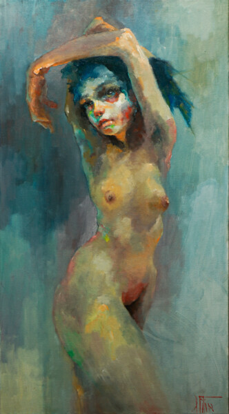 Painting titled "akt100" by Pavel Filin, Original Artwork, Oil Mounted on Wood Stretcher frame