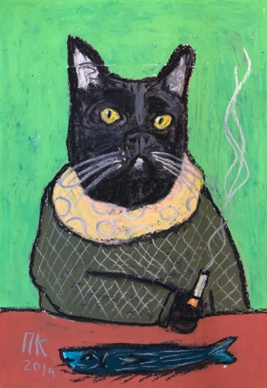 Zeichnungen mit dem Titel "Smoking cat 13" von Pavel Kuragin, Original-Kunstwerk, Pastell