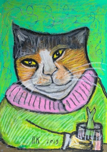 Tekening getiteld "Drinking cat#20" door Pavel Kuragin, Origineel Kunstwerk, Pastel