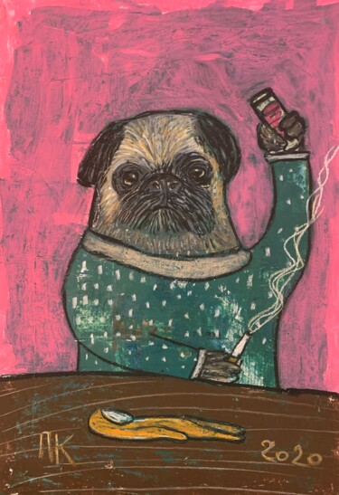 Zeichnungen mit dem Titel "Smoking pug 4" von Pavel Kuragin, Original-Kunstwerk, Pastell