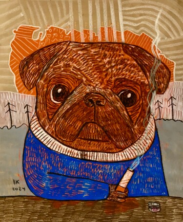Malerei mit dem Titel "Smoking pug #6" von Pavel Kuragin, Original-Kunstwerk, Pastell