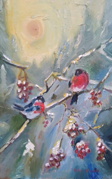 Peinture intitulée "Bullfinches" par Pavel Levites, Œuvre d'art originale, Huile