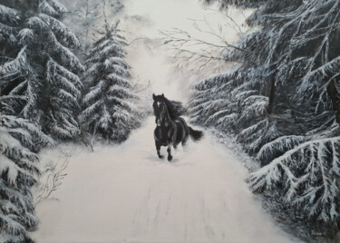 Malerei mit dem Titel "Black Stallion in W…" von Pavlína Ostrá (Paave Art), Original-Kunstwerk, Öl Auf Karton montiert