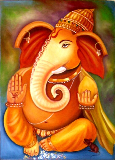 Painting titled "Lord Ganesha (side…" by Pawan Kumar Tank, Original Artwork, Oil Mounted on Wood Stretcher frame