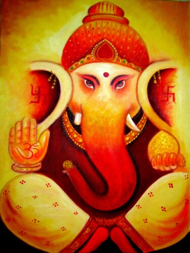 Painting titled "Lord Ganesha (yello…" by Pawan Kumar Tank, Original Artwork, Oil