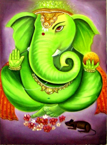 Malerei mit dem Titel "Lord Ganesha (Green…" von Pawan Kumar Tank, Original-Kunstwerk, Öl