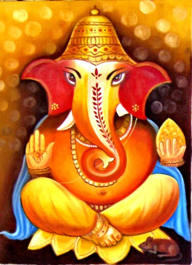 Schilderij getiteld "Lord Ganesha's bles…" door Pawan Kumar Tank, Origineel Kunstwerk, Olie