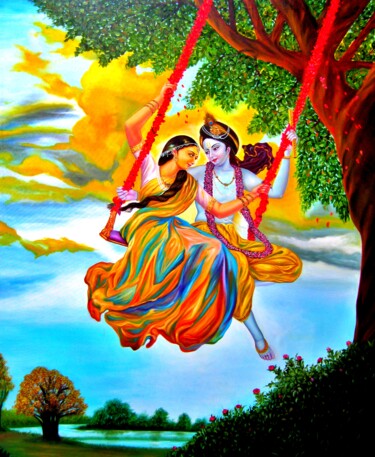 Картина под названием "Radha & Krishna" - Pawan Kumar Tank, Подлинное произведение искусства, Масло
