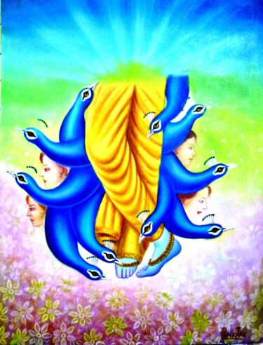 Schilderij getiteld "Lord Krishna" door Pawan Kumar Tank, Origineel Kunstwerk, Olie