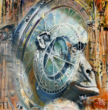 Painting titled "Horloge simiesque" by Pdu31, Original Artwork, Oil