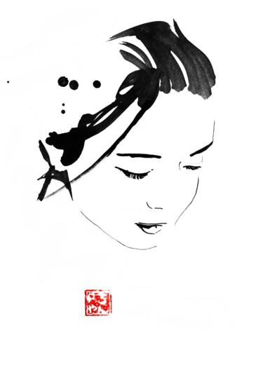 Tekening getiteld "visage japonais" door Péchane, Origineel Kunstwerk, Aquarel