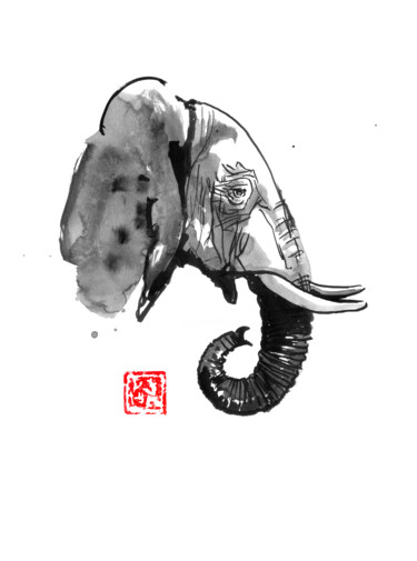 Drawing titled "elephant de profil" by Péchane, Original Artwork, Watercolor