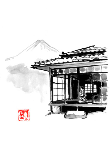 Drawing titled "living at Fuji" by Péchane, Original Artwork, Watercolor