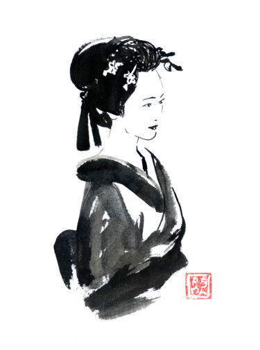 Drawing titled "beautiful geisha" by Péchane, Original Artwork, Watercolor
