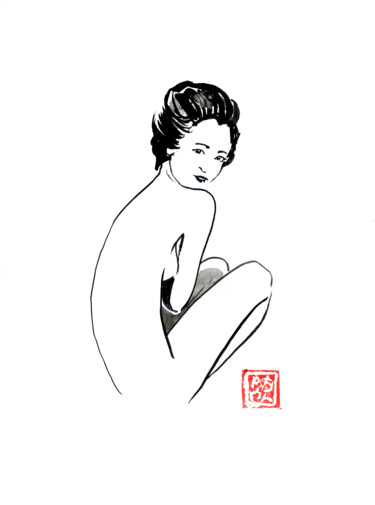 Drawing titled "geisha nude back" by Péchane, Original Artwork, Watercolor