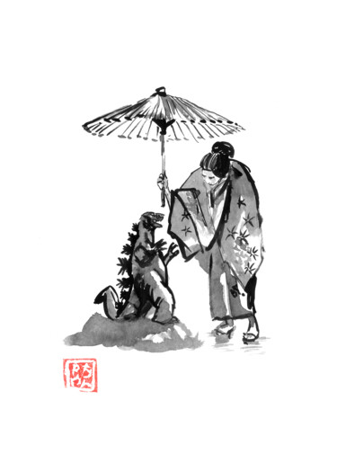 Disegno intitolato "geisha and baby god…" da Péchane, Opera d'arte originale, Acquarello