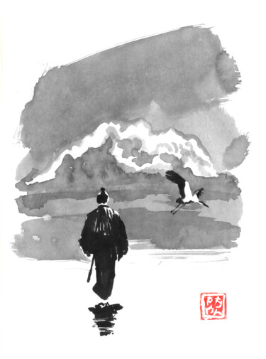 Dessin intitulée "samurai and storke" par Péchane, Œuvre d'art originale, Aquarelle