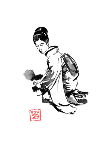 Drawing titled "geisha agenouillée" by Péchane, Original Artwork, Watercolor