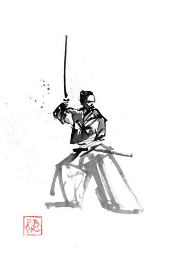 Desenho intitulada "samourai en garde" por Péchane, Obras de arte originais, Aquarela