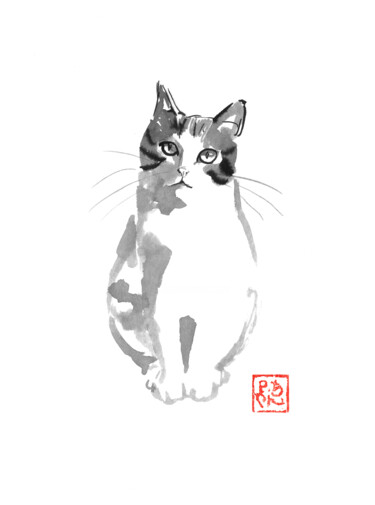 Disegno intitolato "cute white cat" da Péchane, Opera d'arte originale, Acquarello