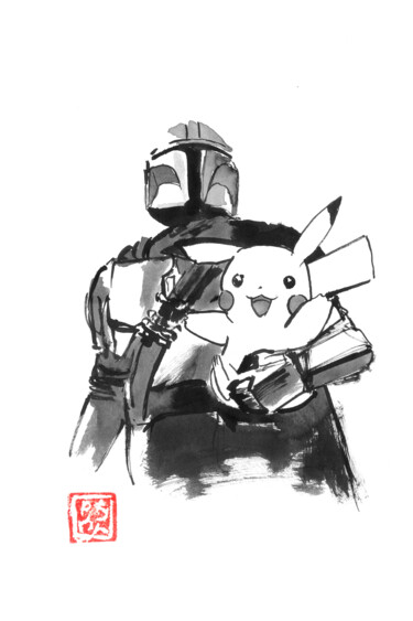 Drawing titled "mandalorian et pika…" by Péchane, Original Artwork, Watercolor