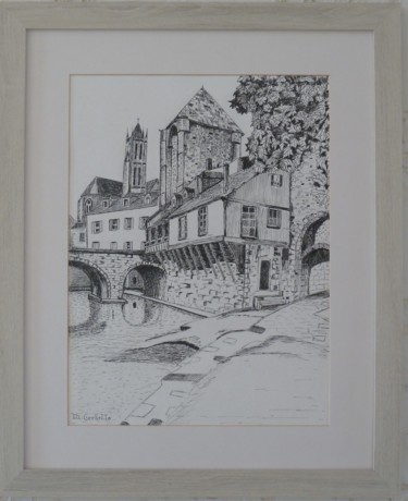 Disegno intitolato "Moret sur Loing" da Michèle Cerbello (Peintre), Opera d'arte originale, Biro Montato su Cartone