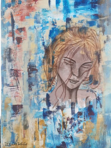 Schilderij getiteld "Pensive" door Michèle Cerbello (Peintre), Origineel Kunstwerk, Acryl Gemonteerd op Frame voor houten br…