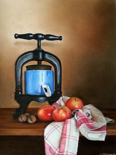 Malerei mit dem Titel "Pressoir et pommes" von Cathy Cheneau, Original-Kunstwerk, Pastell