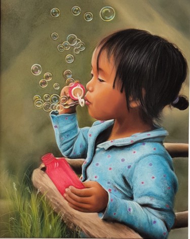 Painting titled "Bulles de savon" by Cathy Cheneau, Original Artwork, Pastel