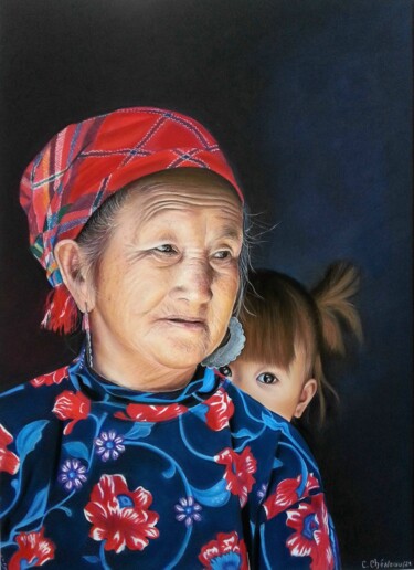 Картина под названием "Grand-mère et sa pe…" - Cathy Cheneau, Подлинное произведение искусства, Пастель