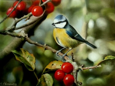 Peinture intitulée "Mésange et cerises" par Cathy Cheneau, Œuvre d'art originale, Pastel