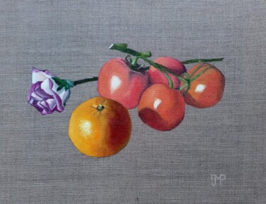 Peinture intitulée "Rose, tomates et or…" par Pen, Œuvre d'art originale, Huile Monté sur Châssis en bois