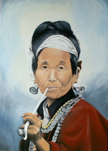 Malarstwo zatytułowany „Fumeuse du Ladakh” autorstwa Pen, Oryginalna praca, Olej Zamontowany na Drewniana rama noszy