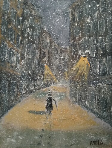 Schilderij getiteld "Night walk on snowy…" door Pepe Villan, Origineel Kunstwerk, Acryl