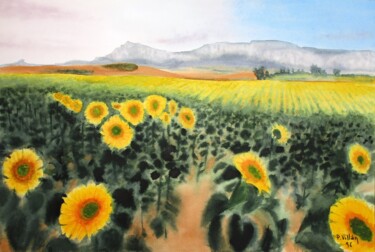 Ζωγραφική με τίτλο "Field of sunflowers" από Pepe Villan, Αυθεντικά έργα τέχνης, Ακουαρέλα