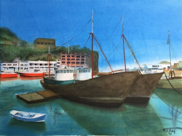 Ζωγραφική με τίτλο "Fishing port" από Pepe Villan, Αυθεντικά έργα τέχνης, Ακουαρέλα