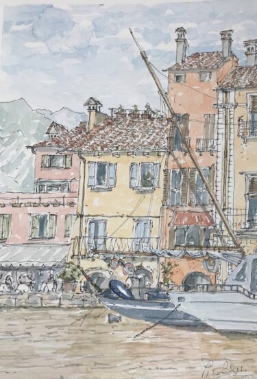 Schilderij getiteld "Malcesine harbour" door Peter Blake, Origineel Kunstwerk, Aquarel
