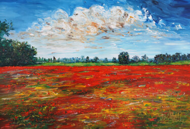 Painting titled "Red Poppy Field XL 1" by Peter Nottrott, Original Artwork, Acrylic