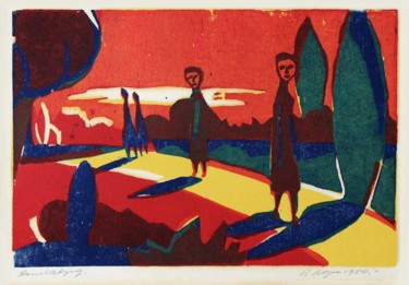 Printmaking titled "Four Figures in a T…" by Peter Royen, Original Artwork, Xylography