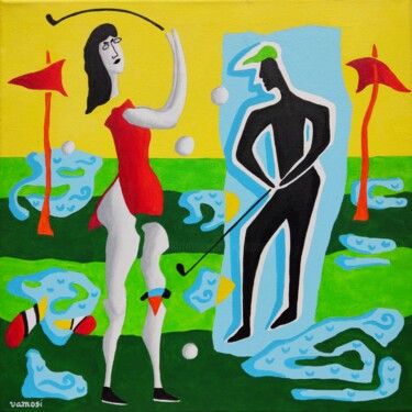 Painting titled "Golf after the rain…" by Peter Vamosi, Original Artwork, Acrylic Mounted on Wood Stretcher frame