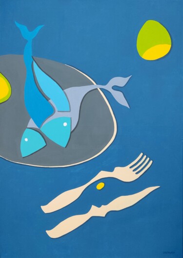 Painting titled "Still life with fish" by Peter Vamosi, Original Artwork, Acrylic Mounted on Wood Stretcher frame