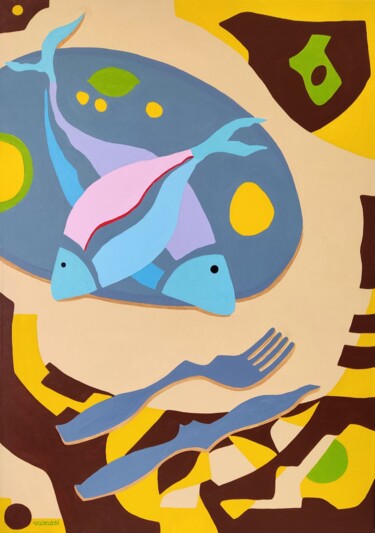 Картина под названием "Still life with fis…" - Peter Vamosi, Подлинное произведение искусства, Акрил Установлен на Деревянна…