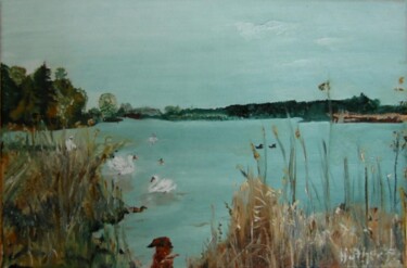 Malerei mit dem Titel "See mit Schwänen" von Petra Hüther, Original-Kunstwerk, Öl
