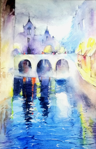 Painting titled "city lake" by Cindy Peng, Original Artwork, Watercolor