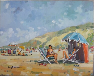 Painting titled "La plage à Houlgate" by Philippe Euger, Original Artwork, Oil