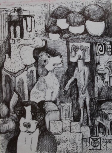 Σχέδιο με τίτλο "les chiens" από Philippe Aguasca, Αυθεντικά έργα τέχνης, Στυλό