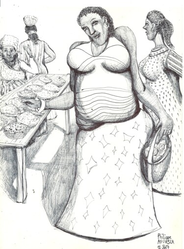 Dessin intitulée "marché africain" par Philippe Aguasca, Œuvre d'art originale, Stylo à bille