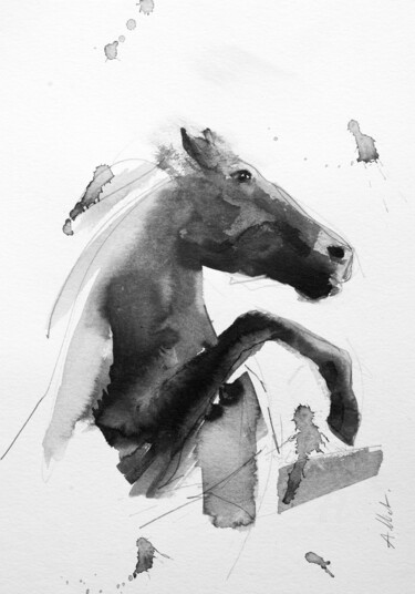 Drawing titled "Cheval rétif 008" by Philippe Alliet, Original Artwork, Ink Mounted on Cardboard